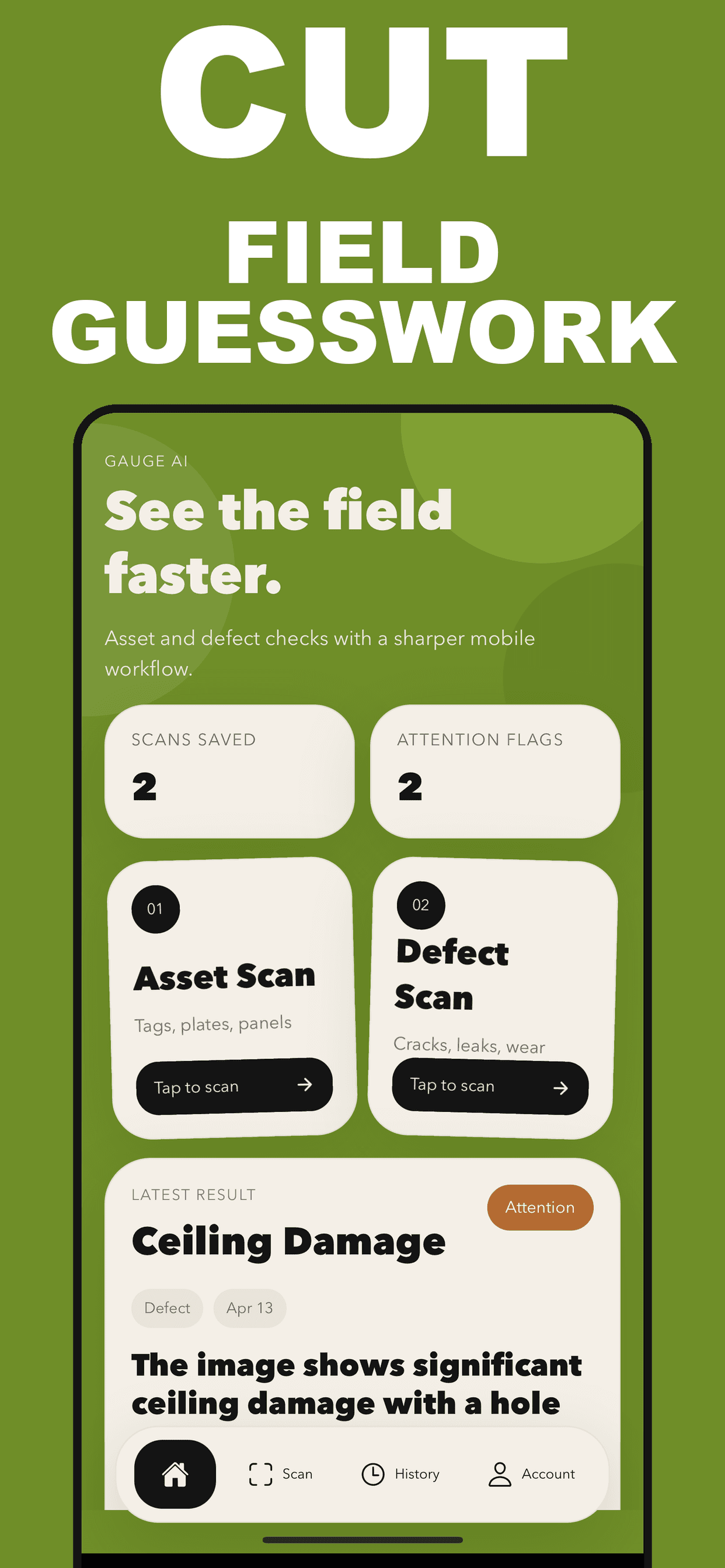 Gauge AI landing screenshot showing the home screen and latest field result.
