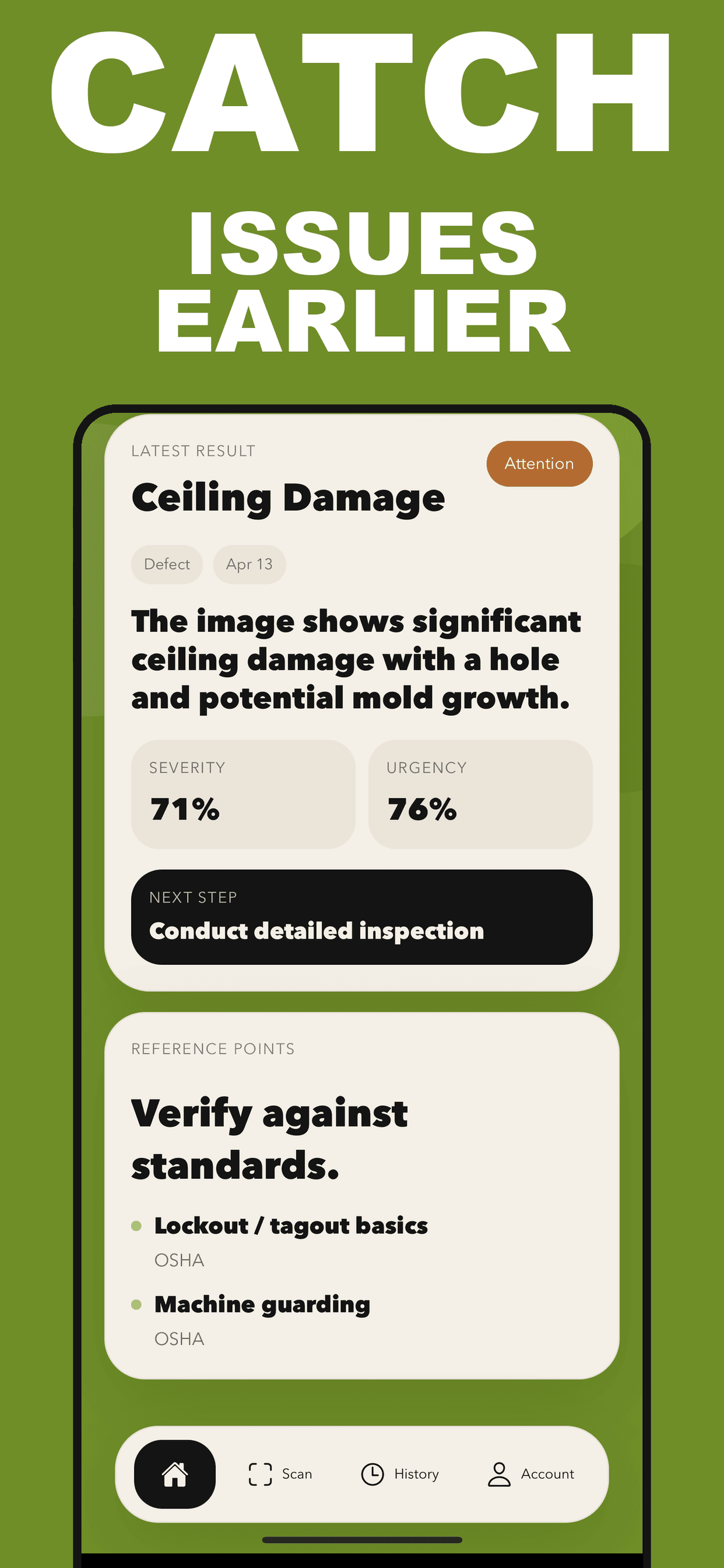 Gauge AI landing screenshot showing a defect result and standards references.