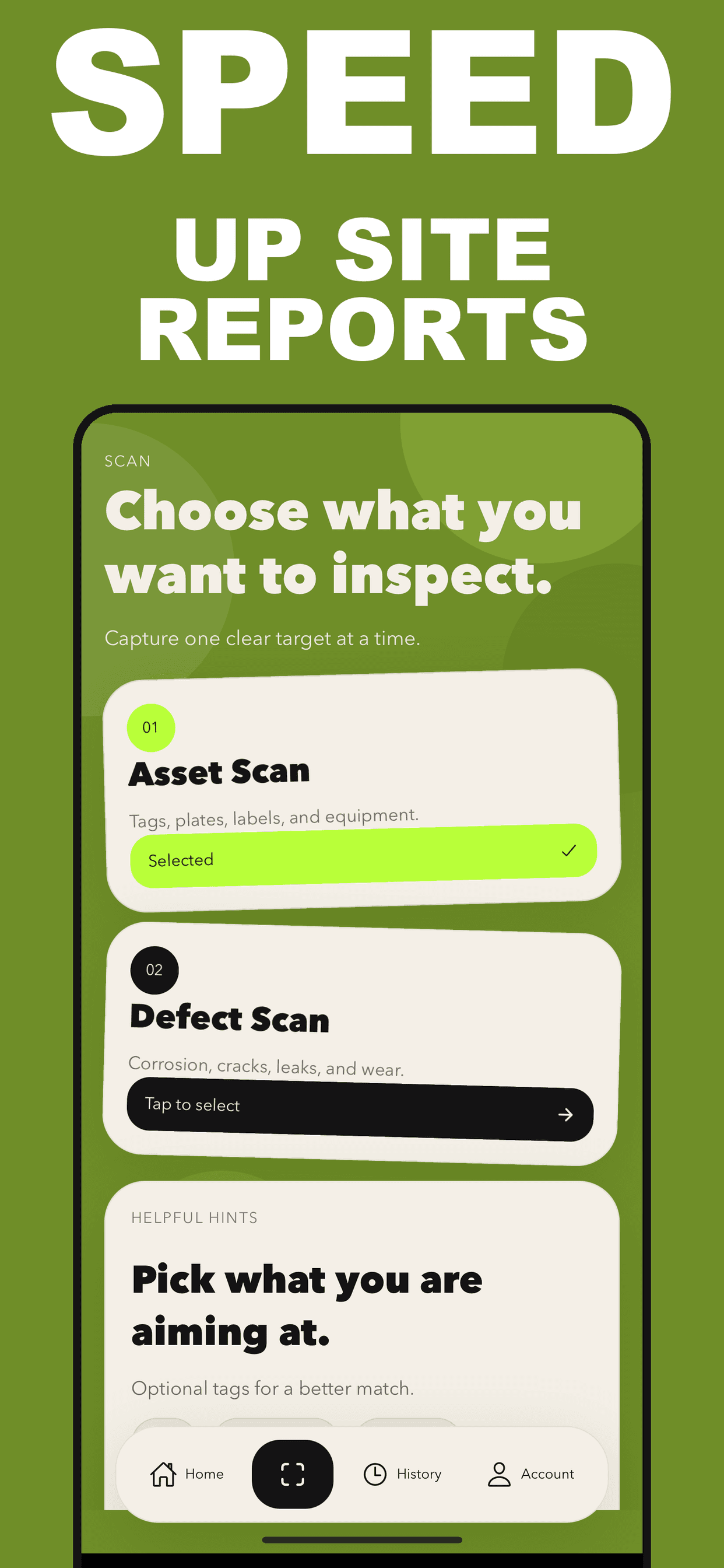 Gauge AI landing screenshot showing scan mode selection for asset and defect workflows.