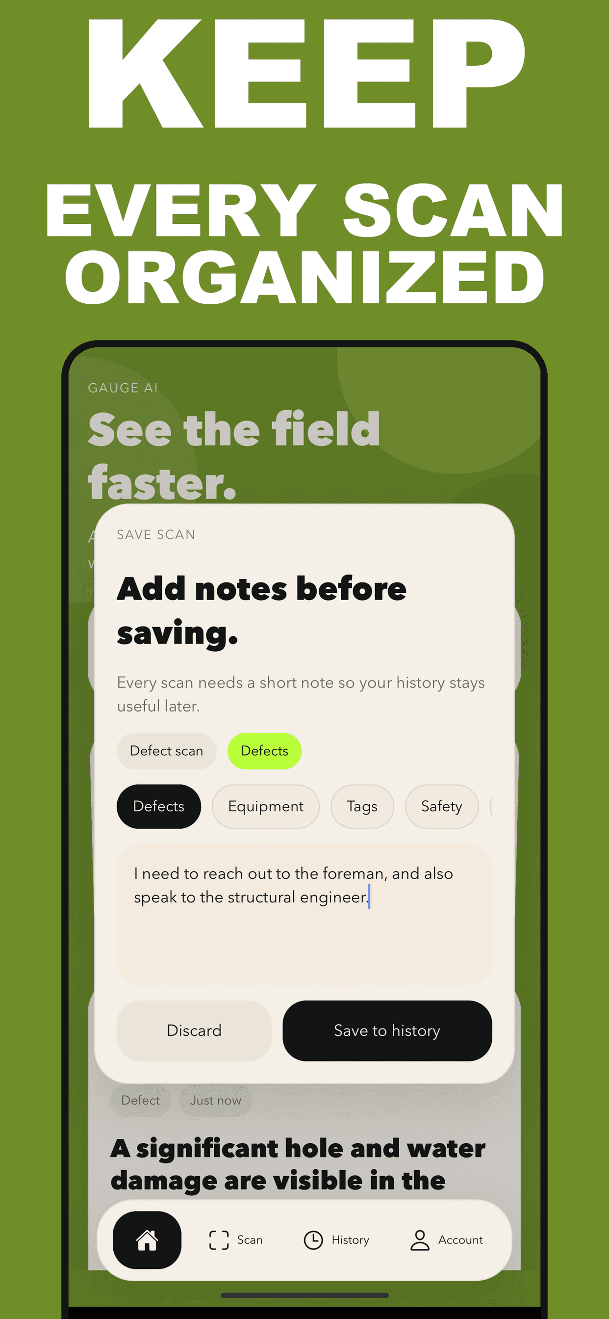 Gauge AI landing screenshot showing the notes-required save flow.